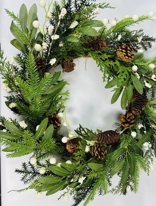 12” Winter Wreath with Pinecones and White Berries | Christmas Greenery Front Door Holiday Decor