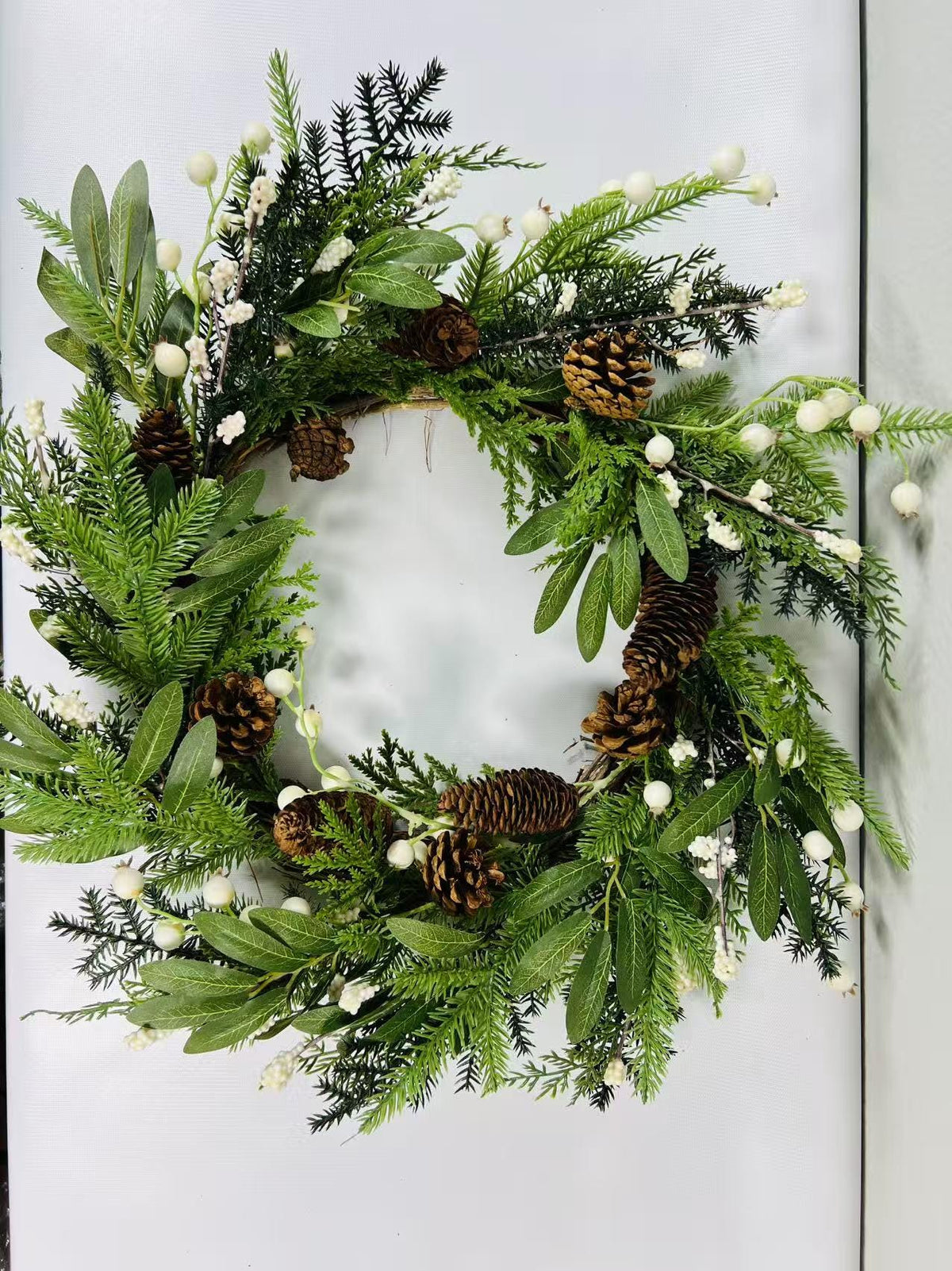 12” Winter Wreath with Pinecones and White Berries | Christmas Greenery Front Door Holiday Decor