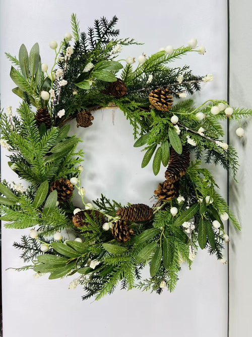 12” Winter Wreath with Pinecones and White Berries | Christmas Greenery Front Door Holiday Decor