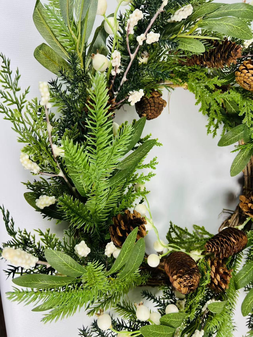12” Winter Wreath with Pinecones and White Berries | Christmas Greenery Front Door Holiday Decor