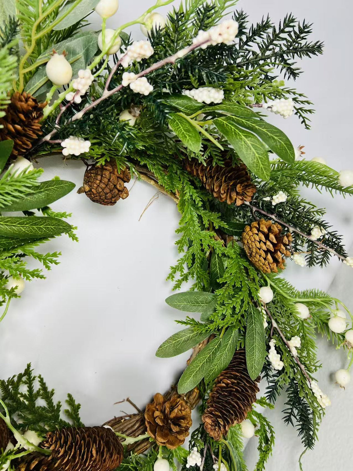12” Winter Wreath with Pinecones and White Berries | Christmas Greenery Front Door Holiday Decor