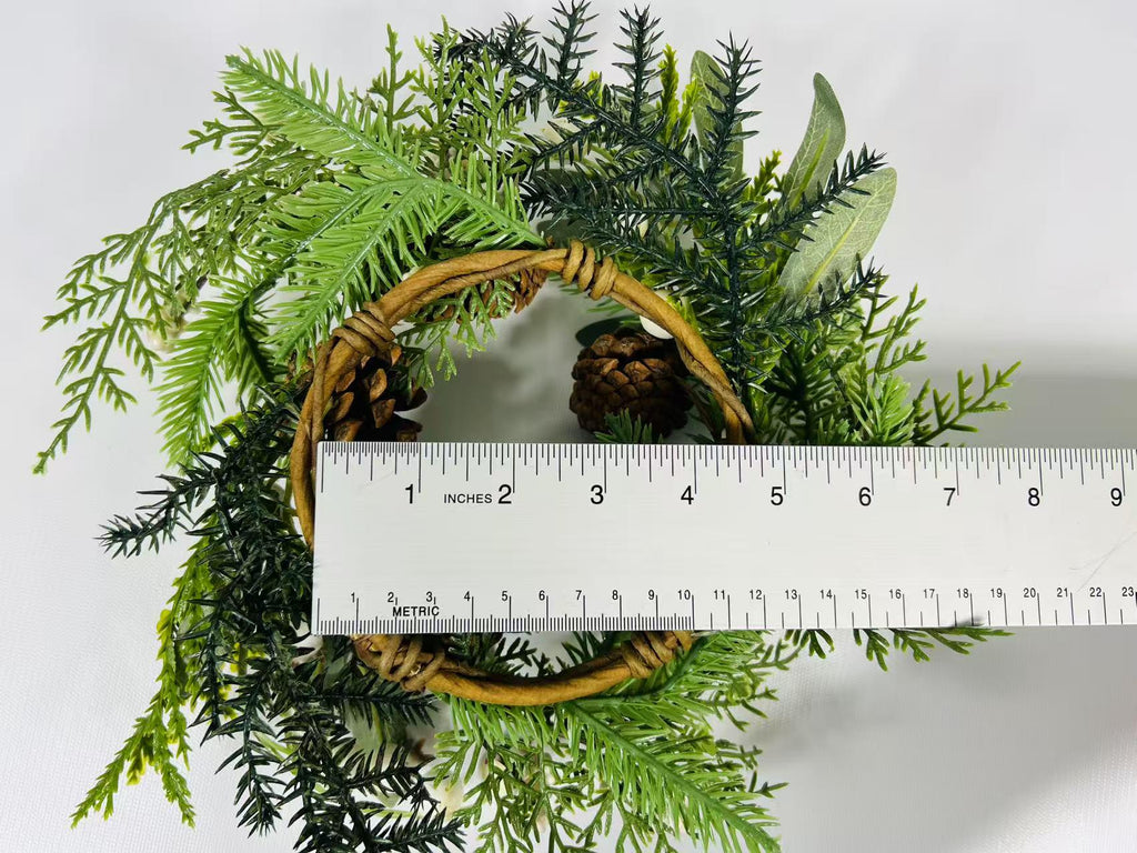 Winter Pine Wreath 4.5” Mini Christmas Candle Ring Pinecone Berry Greenery Farmhouse Decor