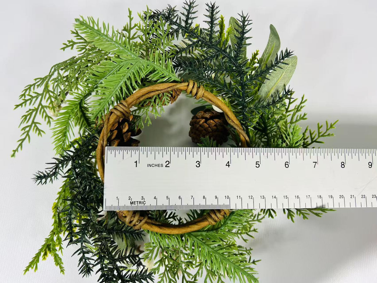 Winter Pine Wreath 4.5” Mini Christmas Candle Ring Pinecone Berry Greenery Farmhouse Decor
