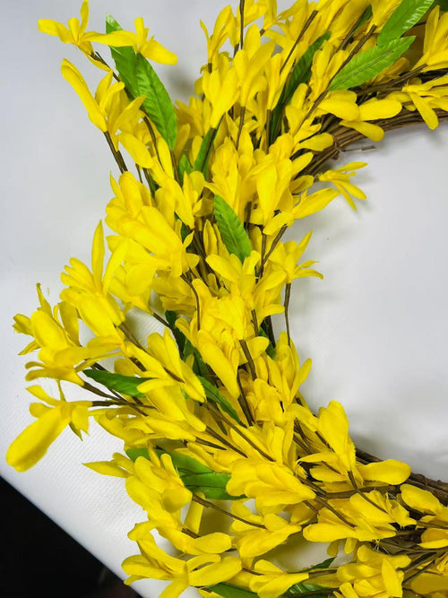 12” Yellow Silk Flower Wreath | Artificial Forsythia Grapevine Wreath | Spring Front Door Decor