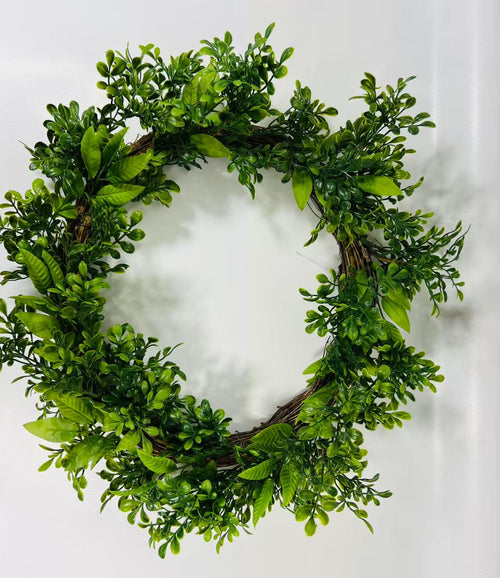16” Greenery Wreath for Front Door | Artificial Boxwood Leaf Wreath | Year-Round Farmhouse Decor