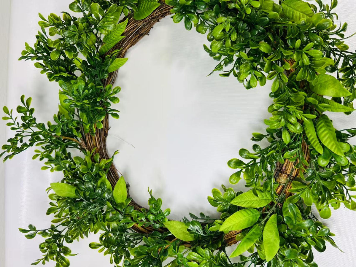 16” Greenery Wreath for Front Door | Artificial Boxwood Leaf Wreath | Year-Round Farmhouse Decor