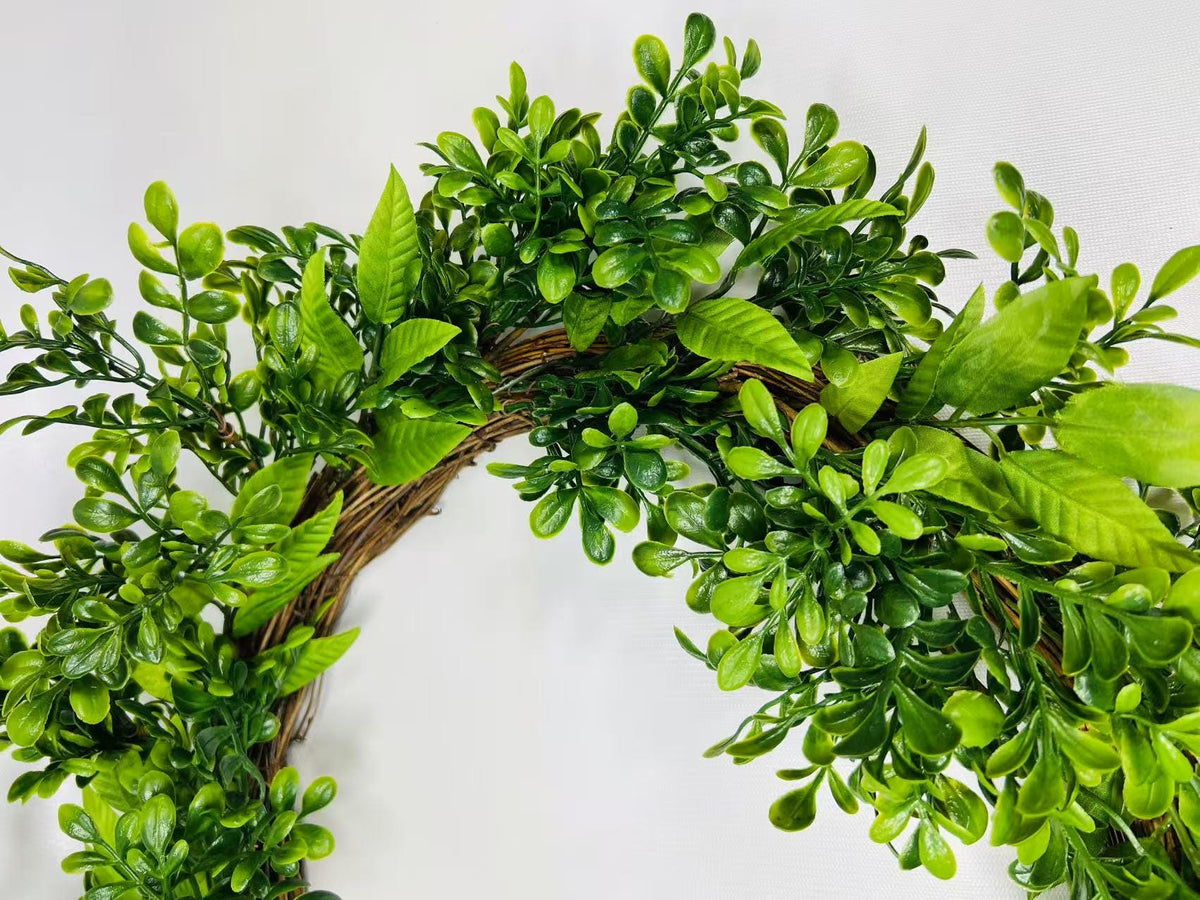 16” Greenery Wreath for Front Door | Artificial Boxwood Leaf Wreath | Year-Round Farmhouse Decor