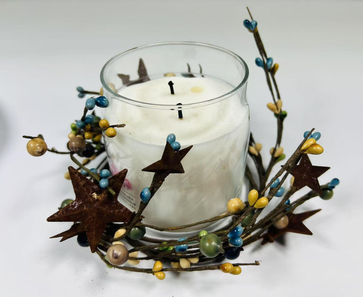 Pip Berry Candle Ring with Rustic Metal Stars: Farmhouse Decor