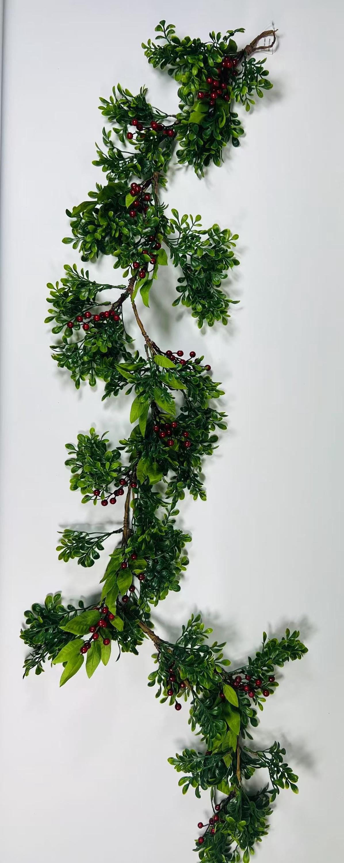 5ft Artificial Boxwood Garland with Red Berries | Christmas Greenery Vine | Holiday Mantel Decor