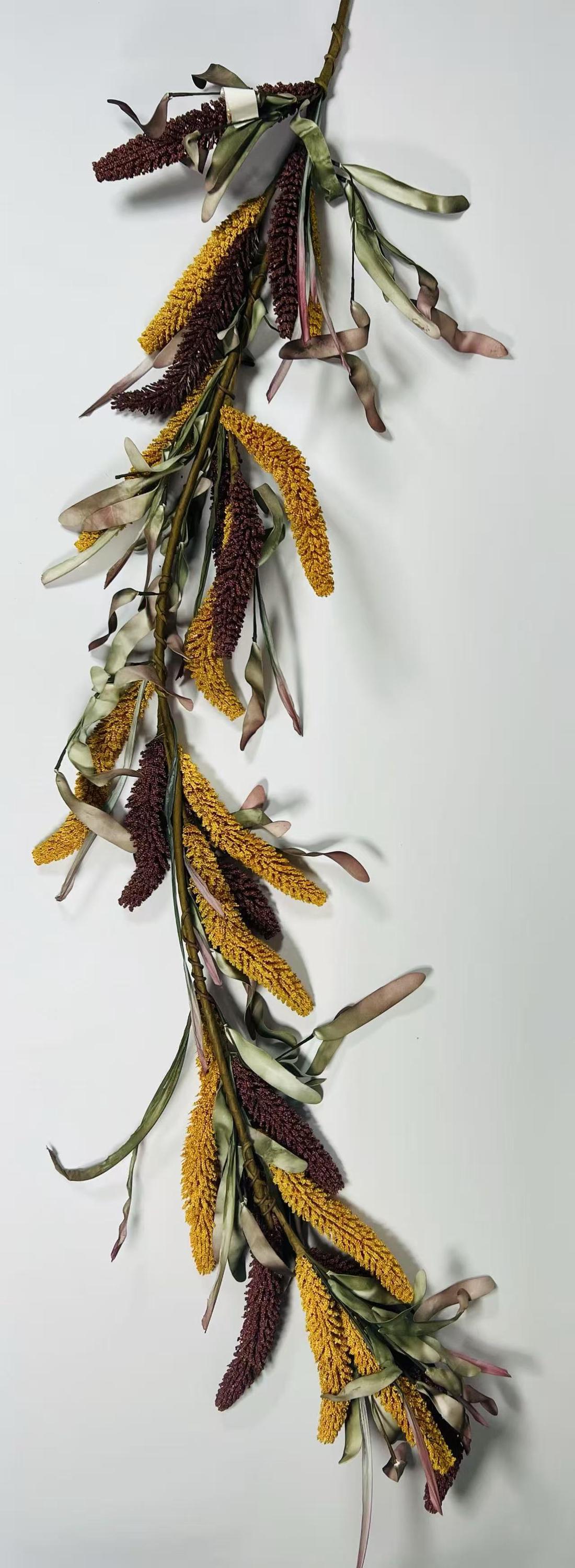 5ft Fall Harvest Garland | Yellow & Burgundy Grain Garland | Autumn Farmhouse Decor | Faux Millet Vine