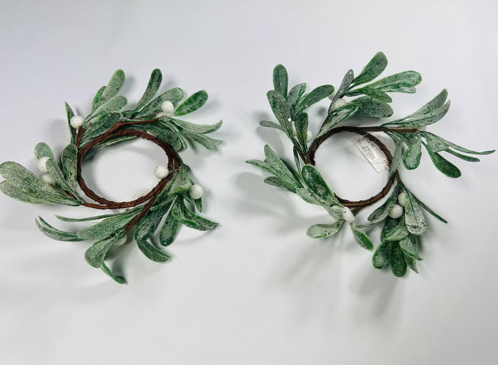spring candle rings, Artificial Mistletoe Wreath with Frosted Leaves and White Berries,2.5" rings