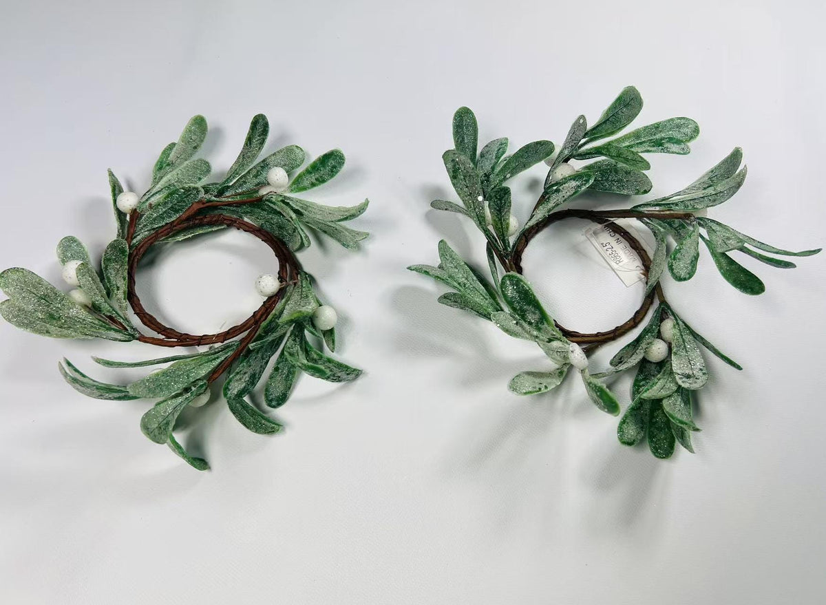 spring candle rings, Artificial Mistletoe Wreath with Frosted Leaves and White Berries,2.5" rings