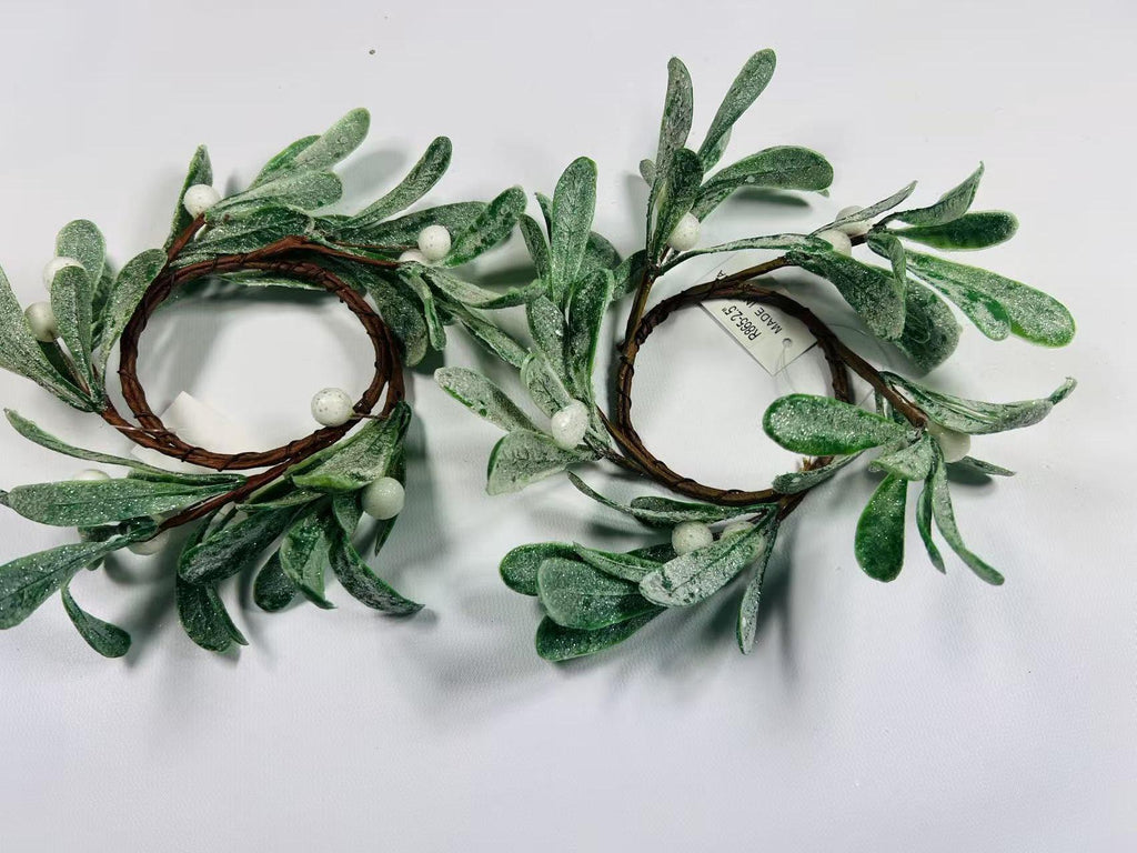 spring candle rings, Artificial Mistletoe Wreath with Frosted Leaves and White Berries,2.5" rings