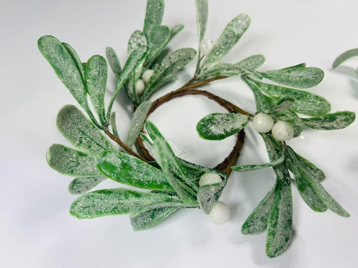 4.5” Frosted Mistletoe Candle Ring – Mini Artificial Wreath with Berries for Holiday Table Decor