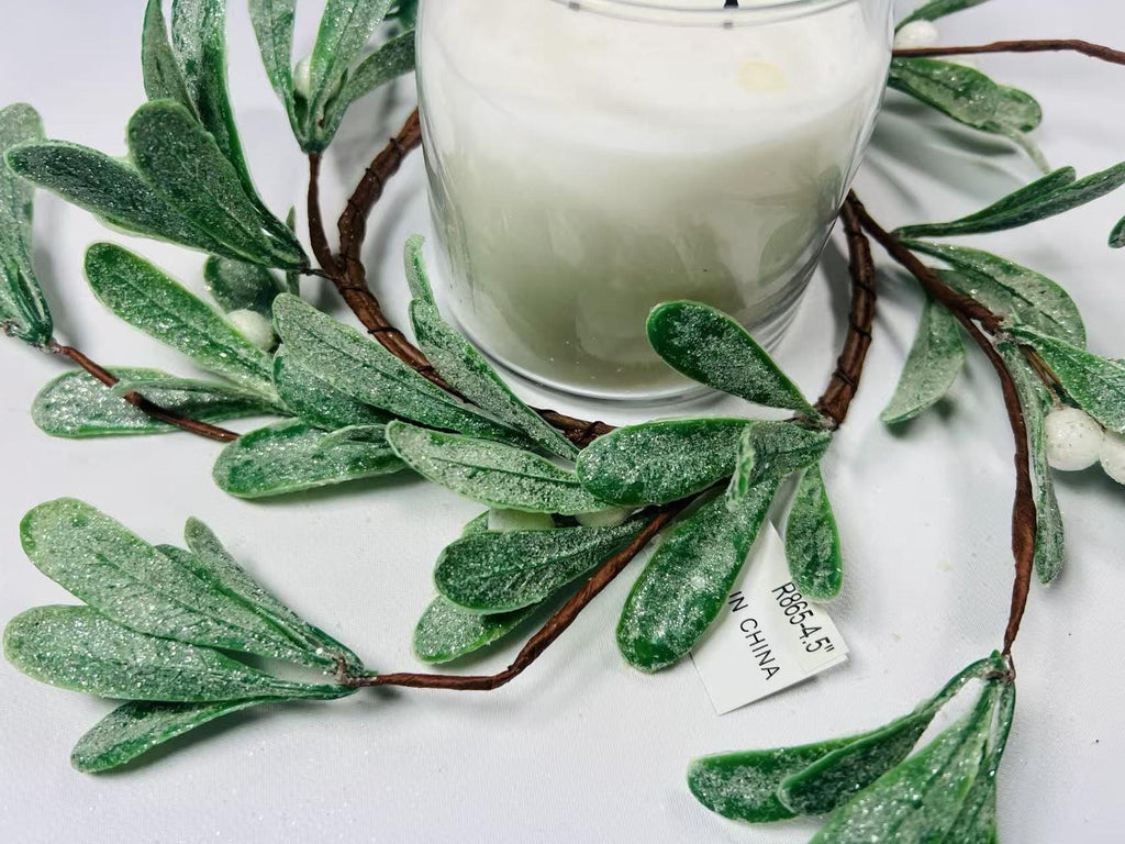 4.5” Frosted Mistletoe Candle Ring – Mini Artificial Wreath with Berries for Holiday Table Decor
