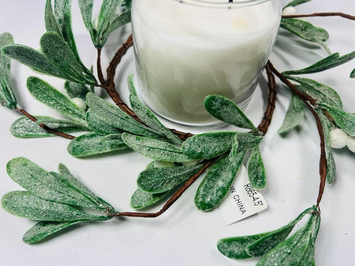 4.5” Frosted Mistletoe Candle Ring – Mini Artificial Wreath with Berries for Holiday Table Decor