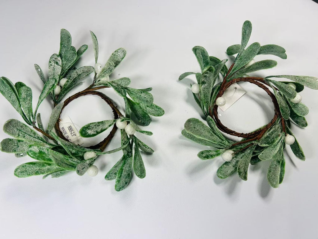 4.5” Frosted Mistletoe Candle Ring – Mini Artificial Wreath with Berries for Holiday Table Decor