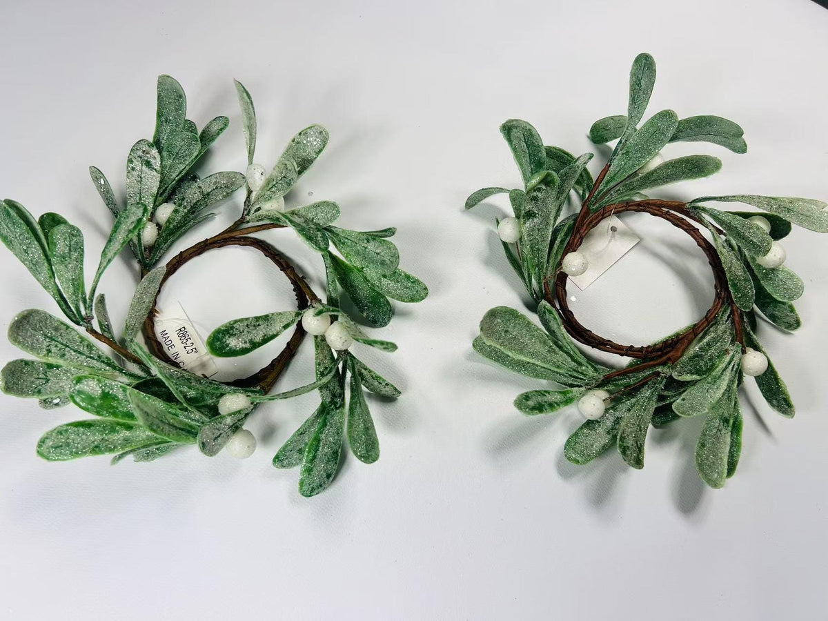 4.5” Frosted Mistletoe Candle Ring – Mini Artificial Wreath with Berries for Holiday Table Decor