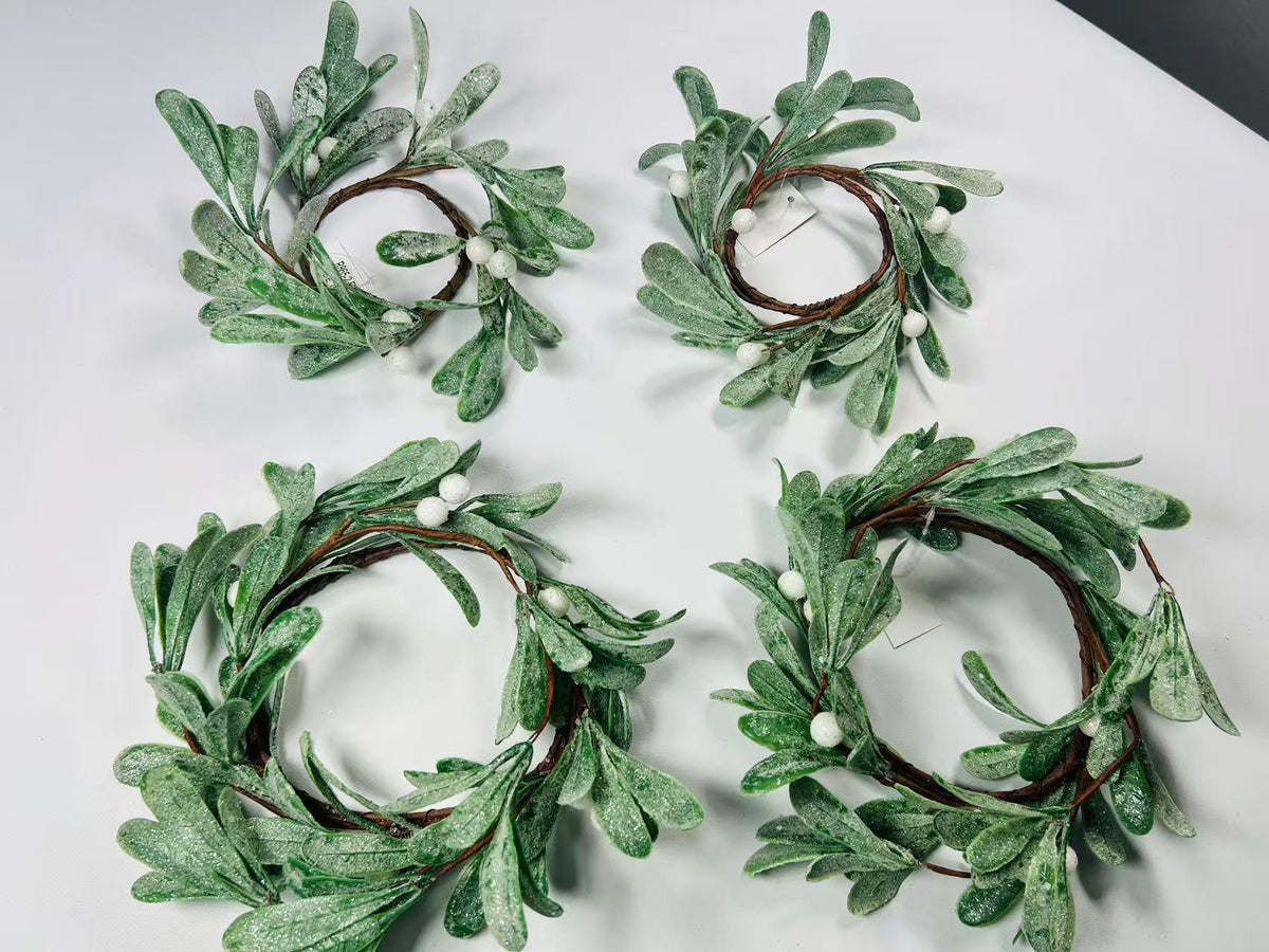 4.5” Frosted Mistletoe Candle Ring – Mini Artificial Wreath with Berries for Holiday Table Decor