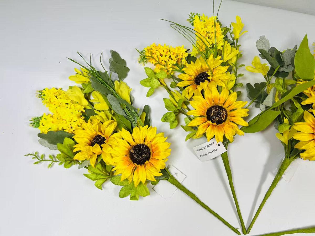 Rustic Sunflower and Yellow Floral Bouquet | 16” Artificial Farmhouse Spring Wildflower Pick