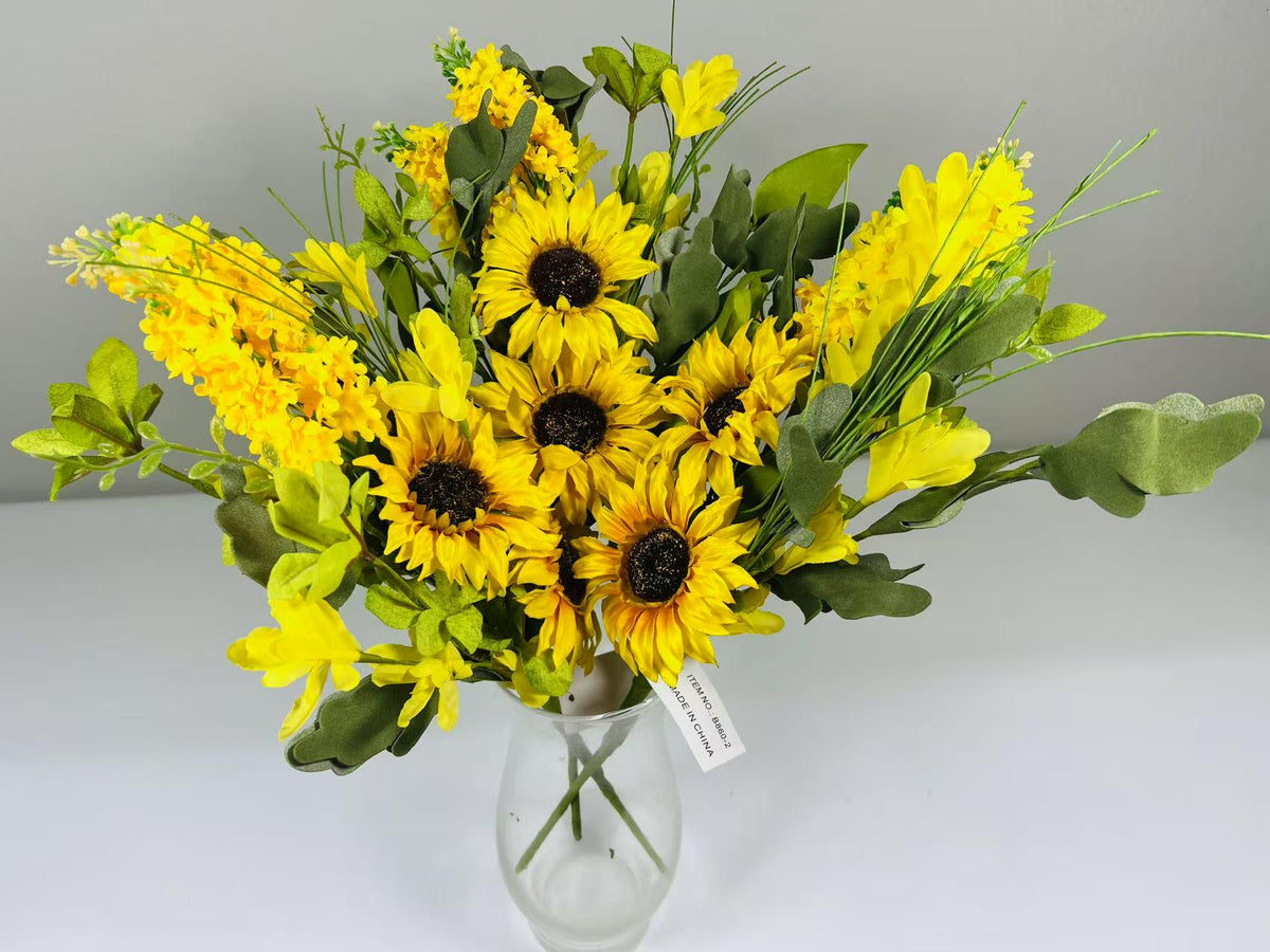Rustic Sunflower and Yellow Floral Bouquet | 16” Artificial Farmhouse Spring Wildflower Pick