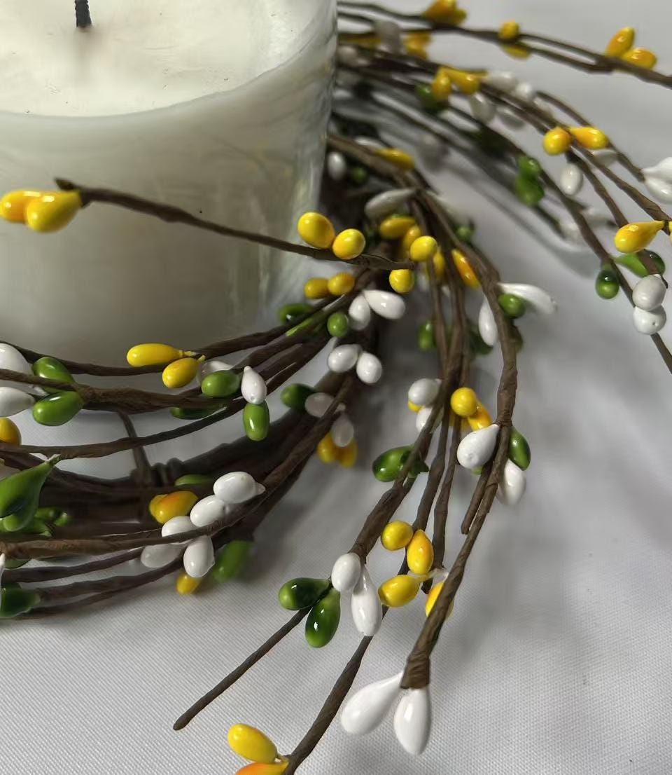 Spring Pip Berry Wreath Ring 4.5” | Mini Candle Ring | Yellow White Green Farmhouse Decor