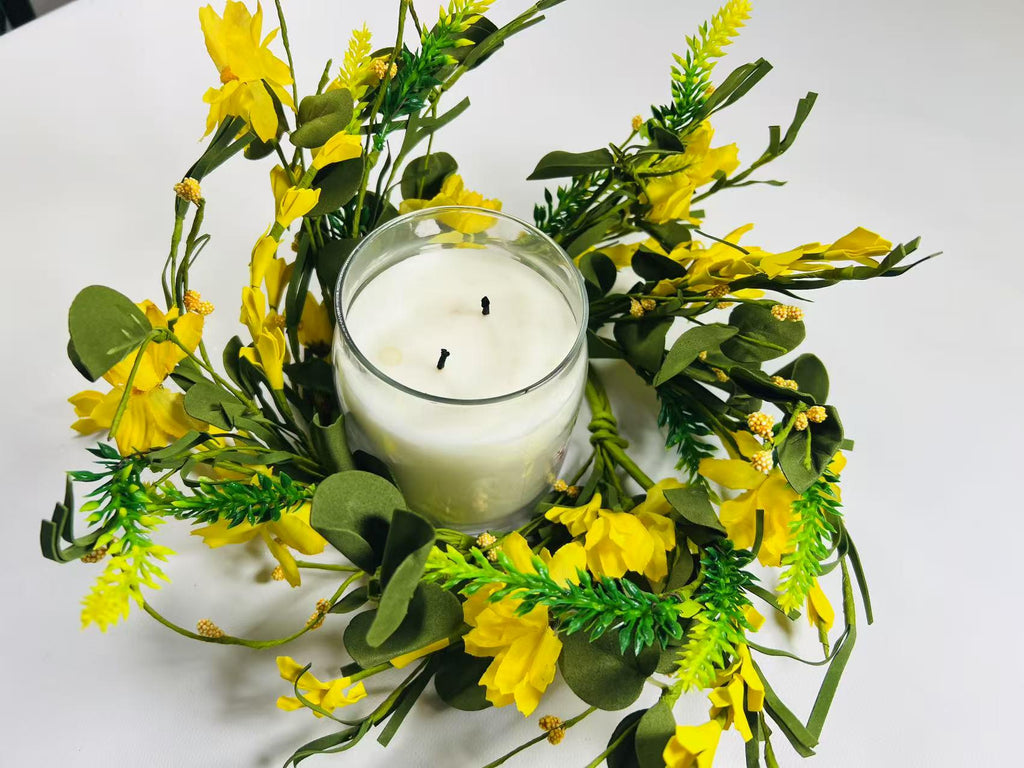 4.5" Yellow Spring Candle Ring | Faux Floral Wreath for Farmhouse Decor | Mini Tabletop Wreath