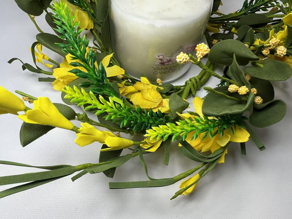 4.5" Yellow Spring Candle Ring | Faux Floral Wreath for Farmhouse Decor | Mini Tabletop Wreath