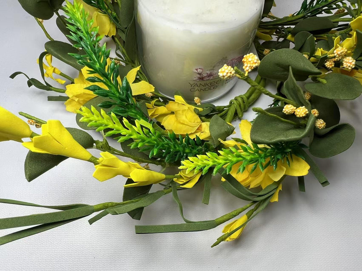 4.5" Yellow Spring Candle Ring | Faux Floral Wreath for Farmhouse Decor | Mini Tabletop Wreath