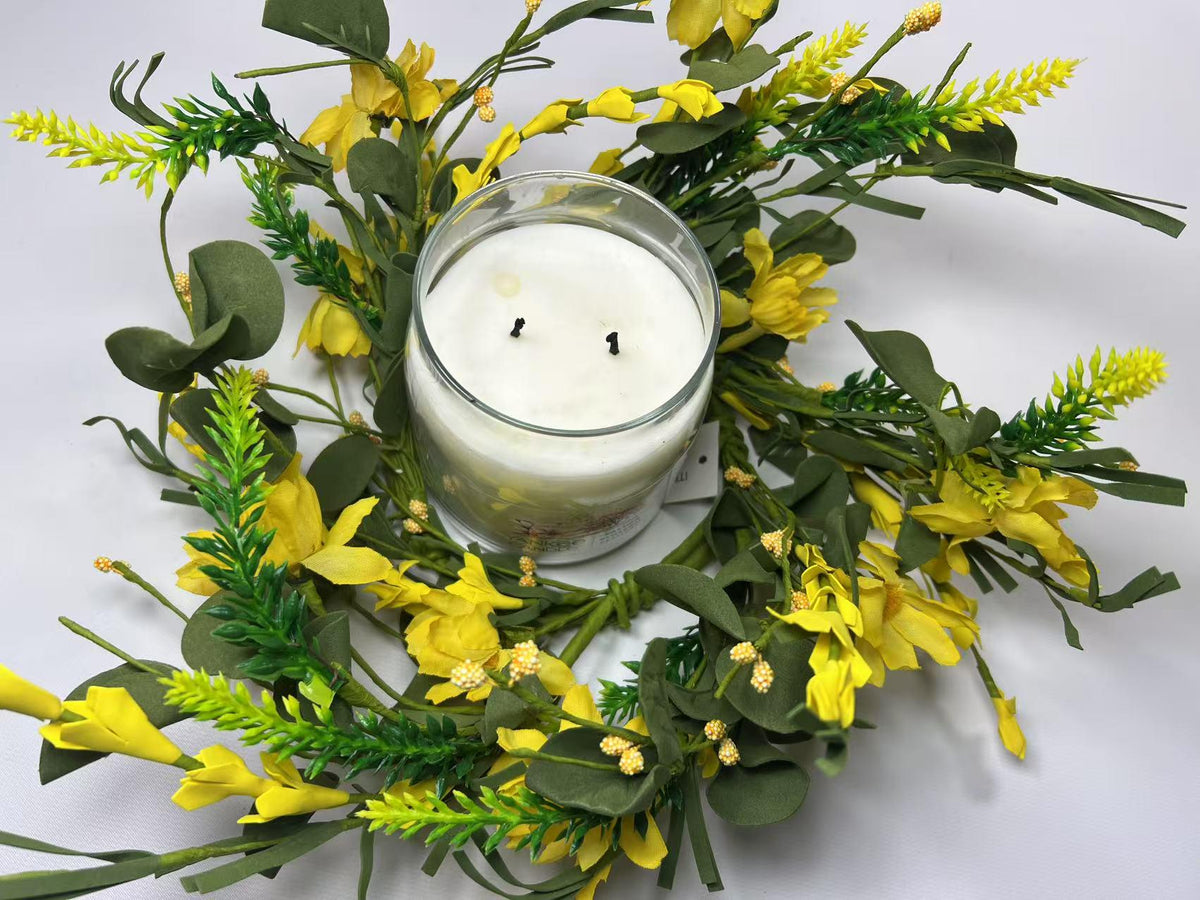4.5" Yellow Spring Candle Ring | Faux Floral Wreath for Farmhouse Decor | Mini Tabletop Wreath