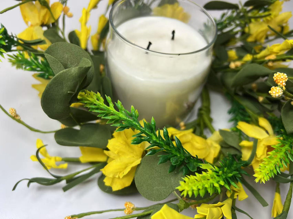 4.5" Yellow Spring Candle Ring | Faux Floral Wreath for Farmhouse Decor | Mini Tabletop Wreath
