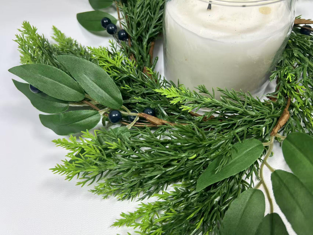 4.5” Touch Real Cedar Blueberry Candle Ring Wreath - Faux Greenery Holiday Table Decor