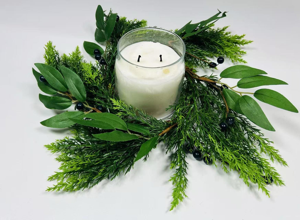 4.5” Touch Real Cedar Blueberry Candle Ring Wreath - Faux Greenery Holiday Table Decor