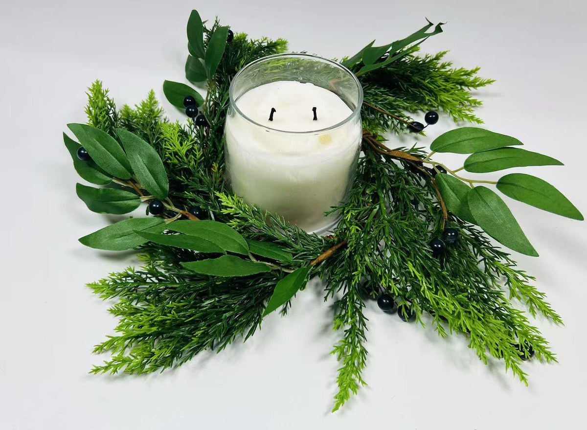 4.5” Touch Real Cedar Blueberry Candle Ring Wreath - Faux Greenery Holiday Table Decor