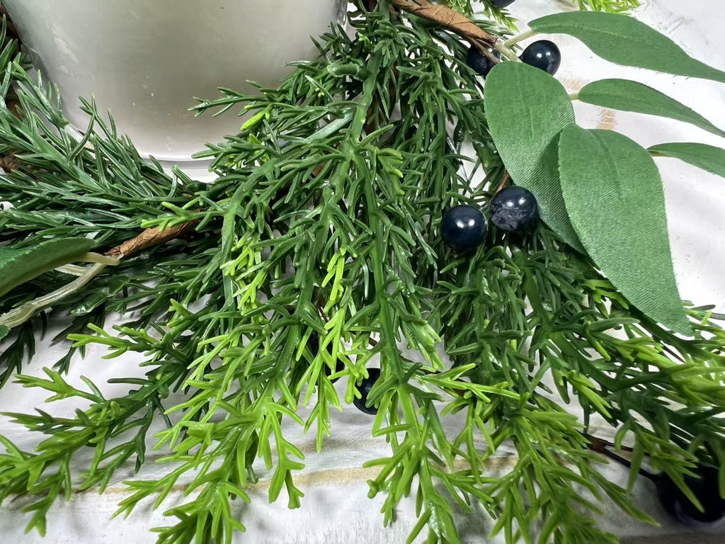 4.5” Touch Real Cedar Blueberry Candle Ring Wreath - Faux Greenery Holiday Table Decor