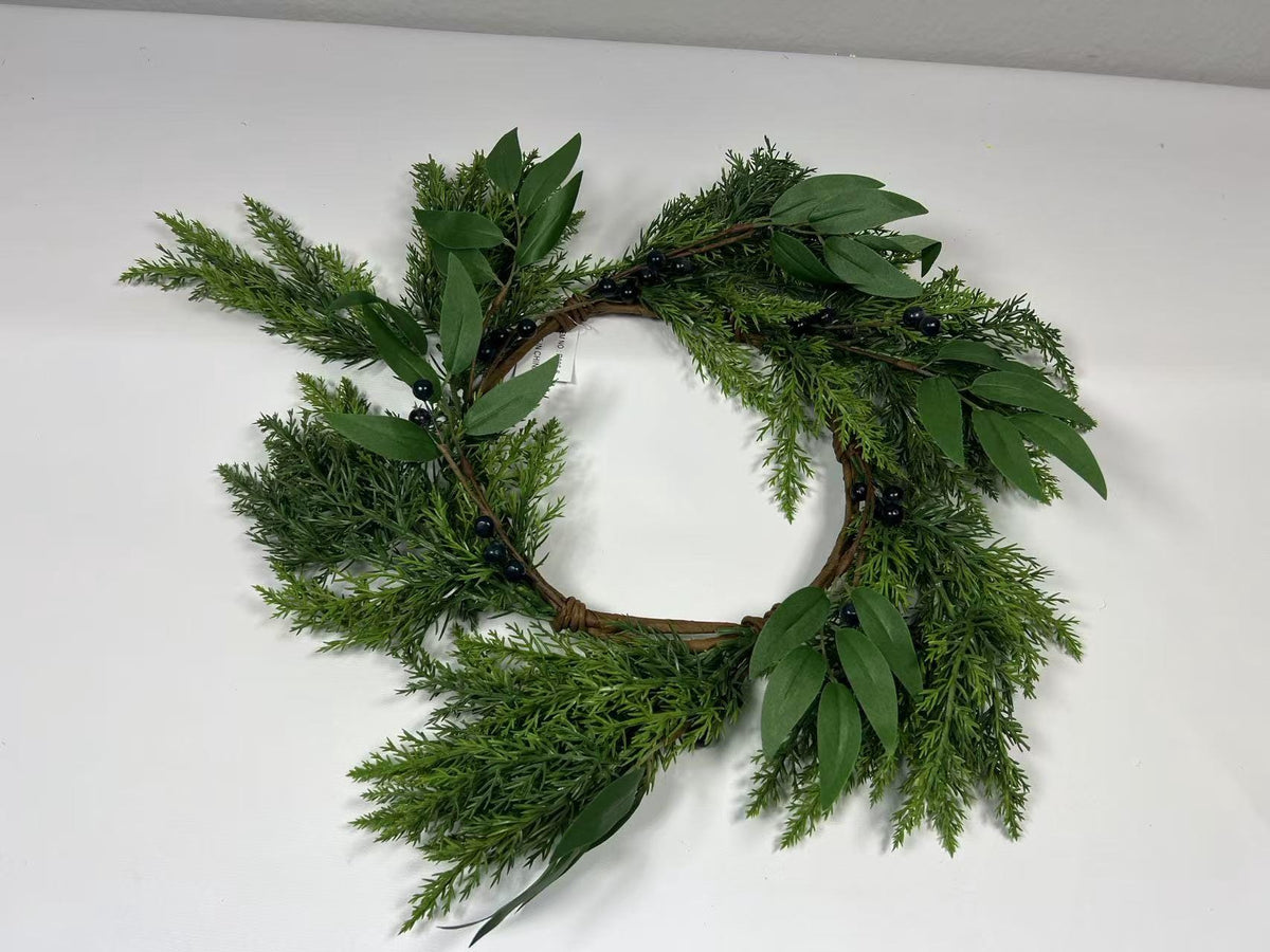 6.5” Touch Real Cedar Blueberry Candle Ring Wreath - Faux Greenery Holiday Table Decor