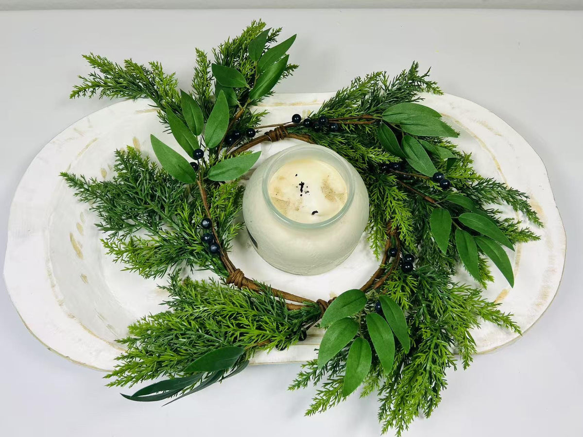 6.5” Touch Real Cedar Blueberry Candle Ring Wreath - Faux Greenery Holiday Table Decor