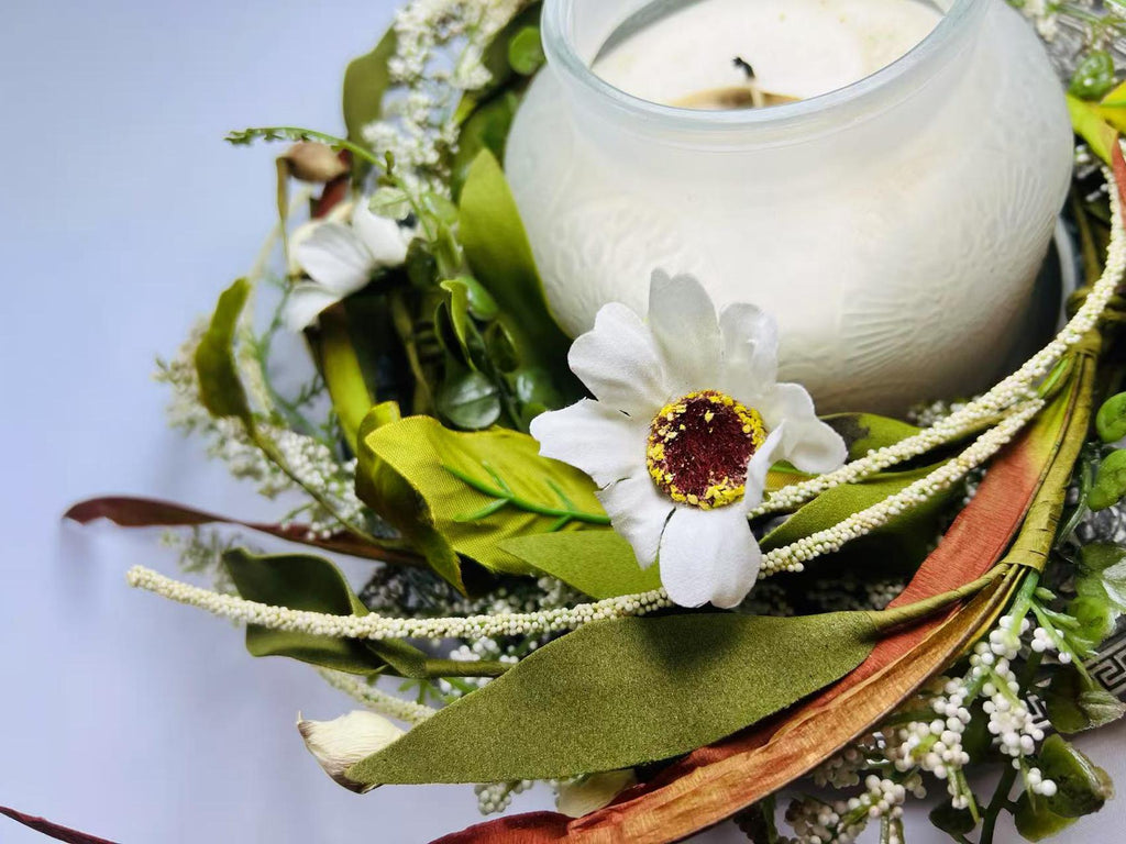 6.5” Mini Artificial Floral Wreath  – Small Rustic Greenery Candle Ring with White Flowers