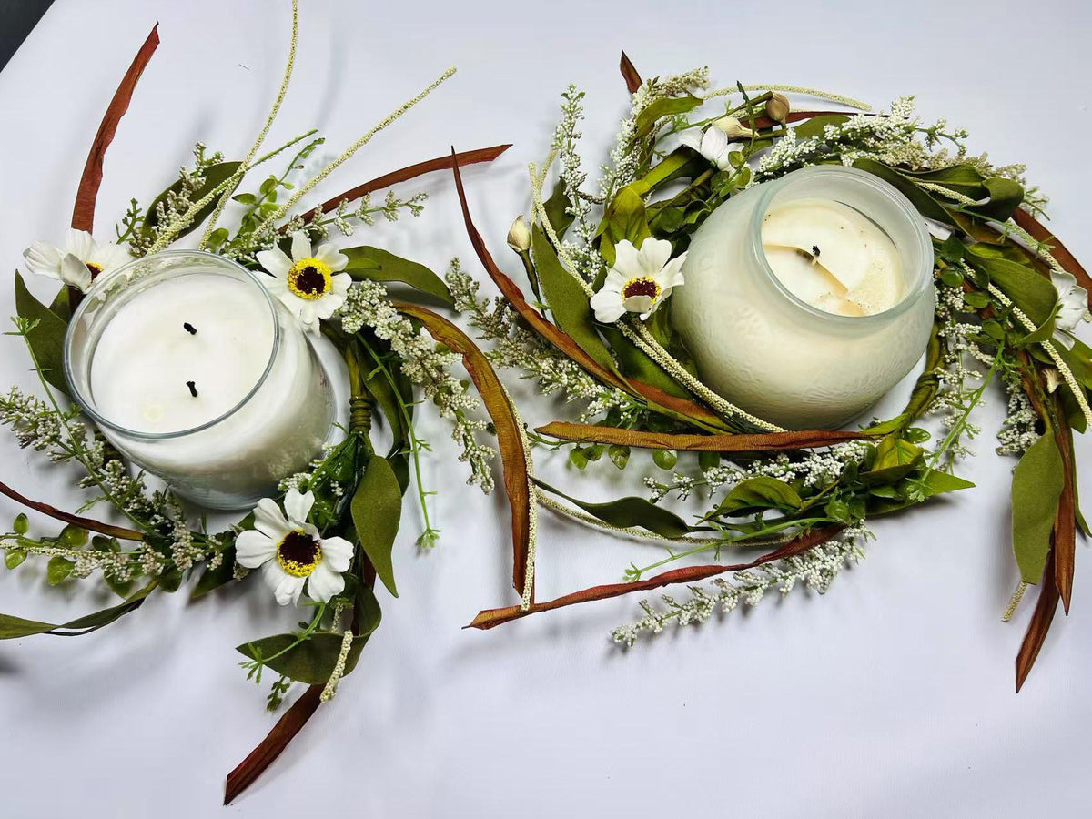 6.5” Mini Artificial Floral Wreath  – Small Rustic Greenery Candle Ring with White Flowers