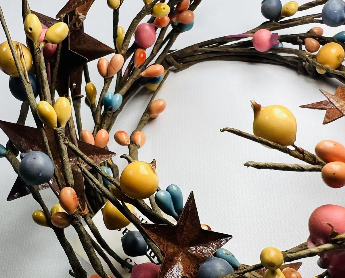 Rustic Pip Berry Candle Ring 4.5” – Multicolor Mini Wreath with Stars Farmhouse Table Decor