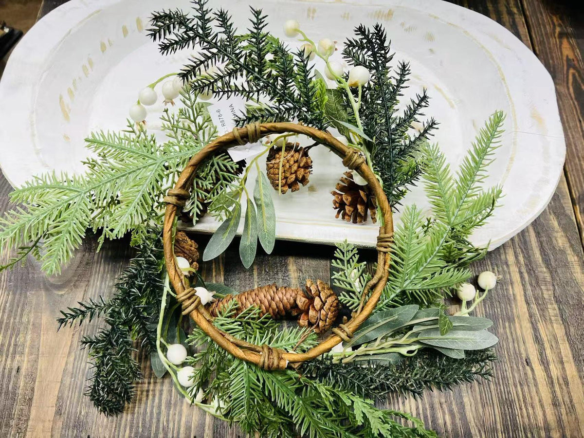 Winter Pine Wreath 6.5” Mini Christmas Candle Ring Pinecone Berry Greenery Farmhouse Decor