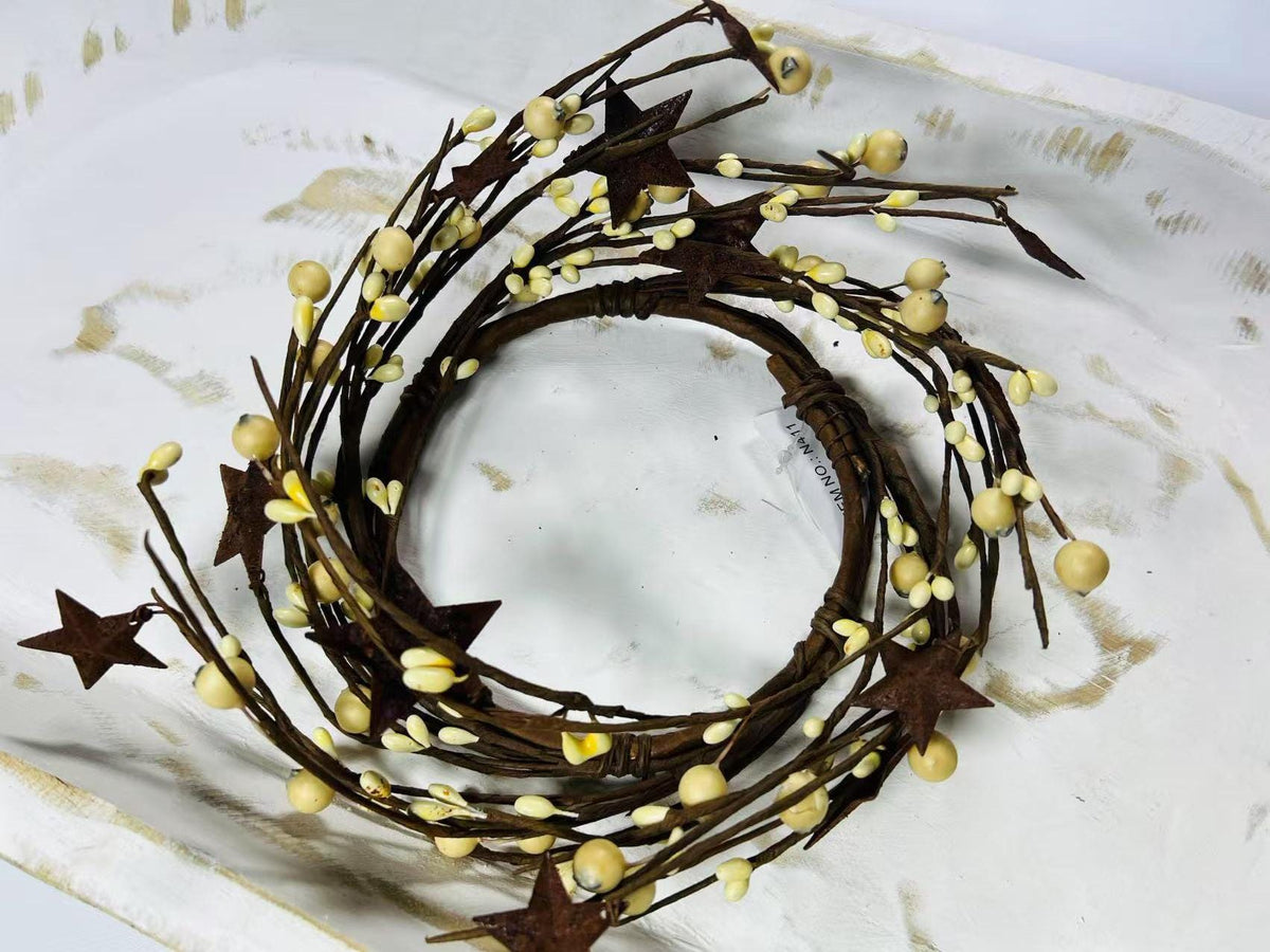 Cream Pip Berry Wreath: Rustic Metal Star Candle Ring - 4.5”