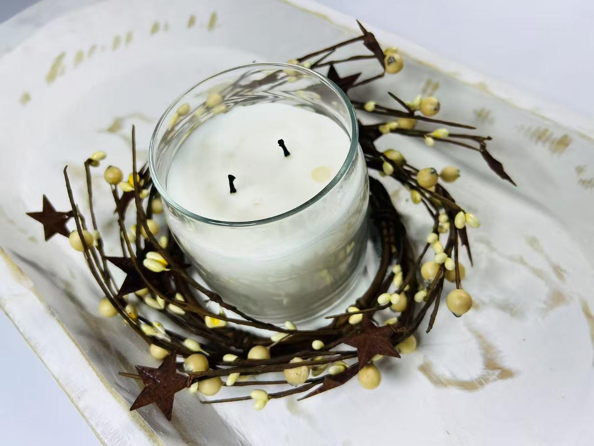 Cream Pip Berry Wreath: Rustic Metal Star Candle Ring - 4.5”