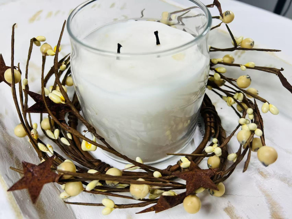 Cream Pip Berry Wreath: Rustic Metal Star Candle Ring - 4.5”