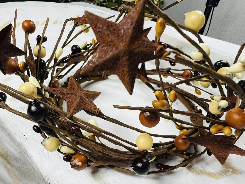 Primitive Pip Berry Wreath 4.5” Mustard Burgundy Cream Candle Ring with Rusty Metal Stars