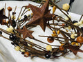 Primitive Pip Berry Wreath 4.5” Mustard Burgundy Cream Candle Ring with Rusty Metal Stars