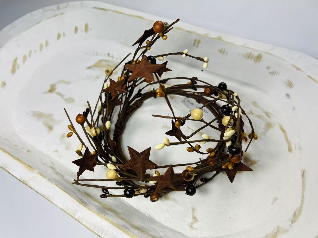 Primitive Pip Berry Wreath 4.5” Mustard Burgundy Cream Candle Ring with Rusty Metal Stars