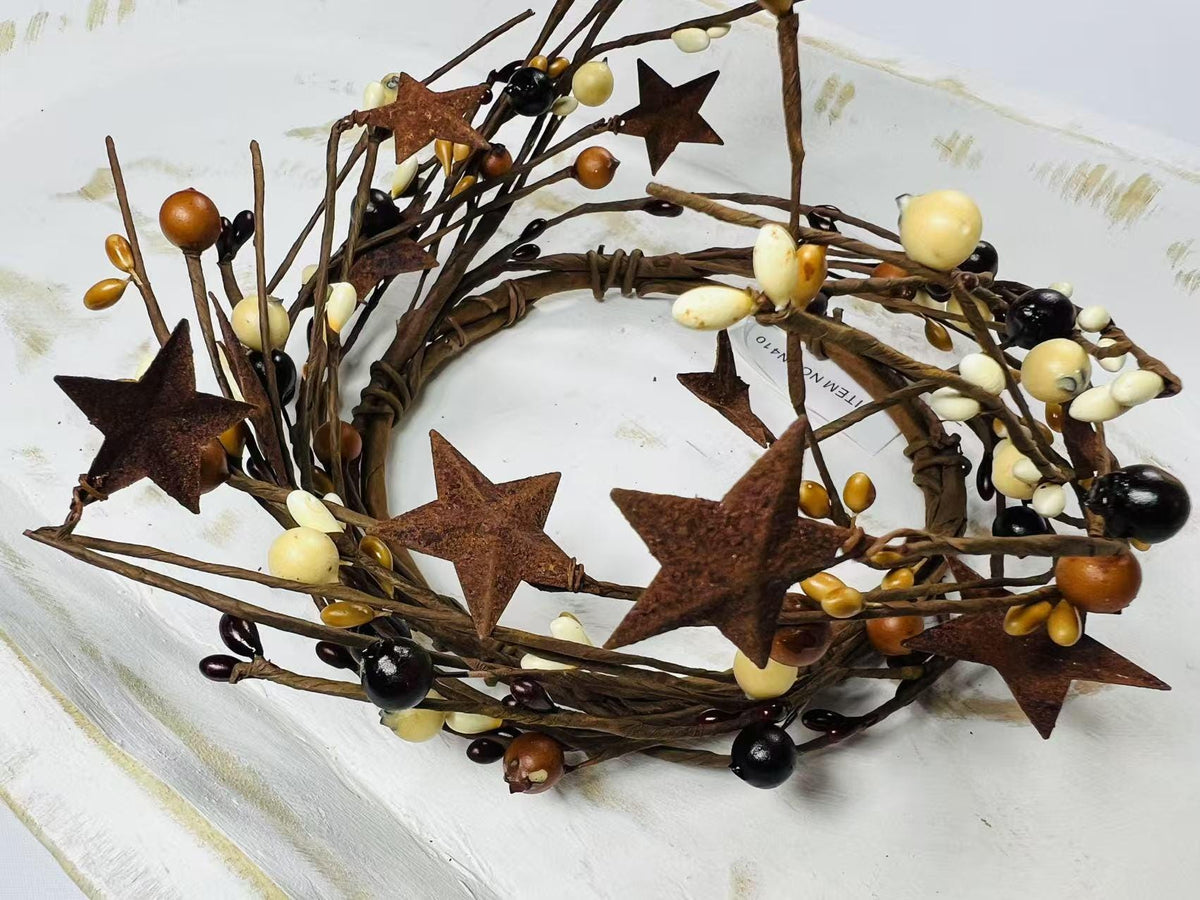 Primitive Pip Berry Wreath 4.5” Mustard Burgundy Cream Candle Ring with Rusty Metal Stars