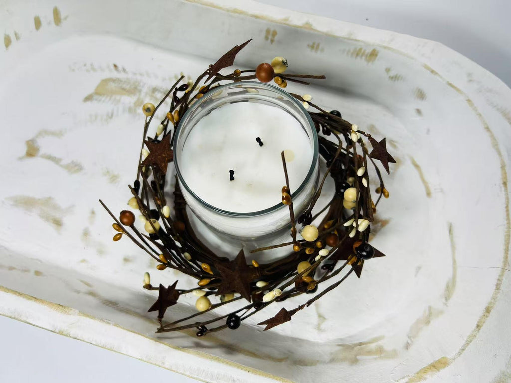 Primitive Pip Berry Wreath 4.5” Mustard Burgundy Cream Candle Ring with Rusty Metal Stars