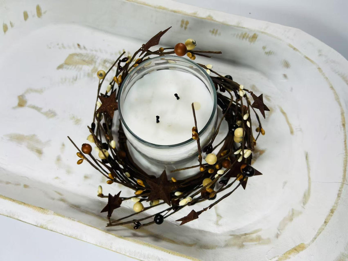 Primitive Pip Berry Wreath 4.5” Mustard Burgundy Cream Candle Ring with Rusty Metal Stars